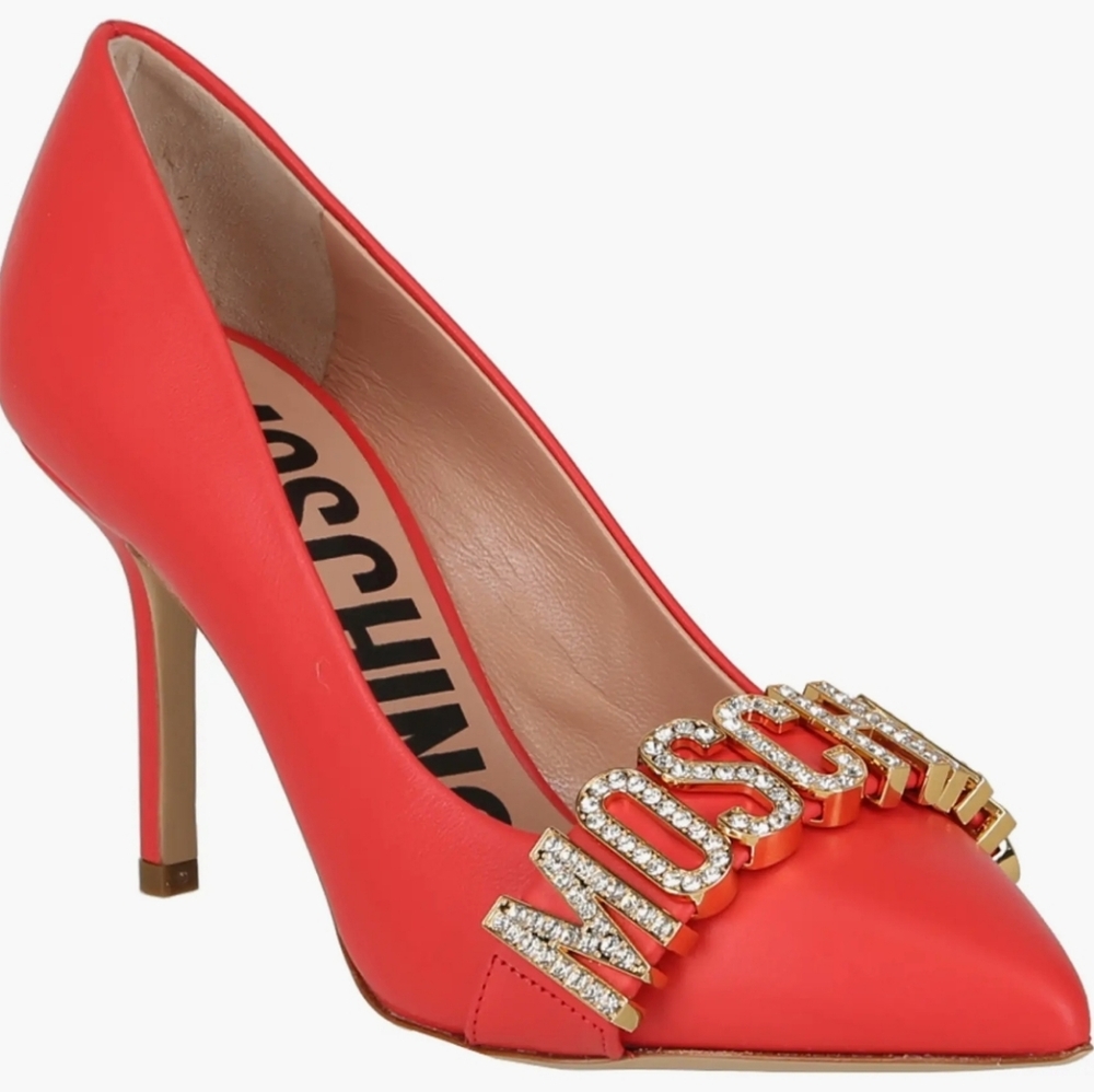 Authentic Moschino Red Orange Women's Shoes with Gold Accents Logo - Used